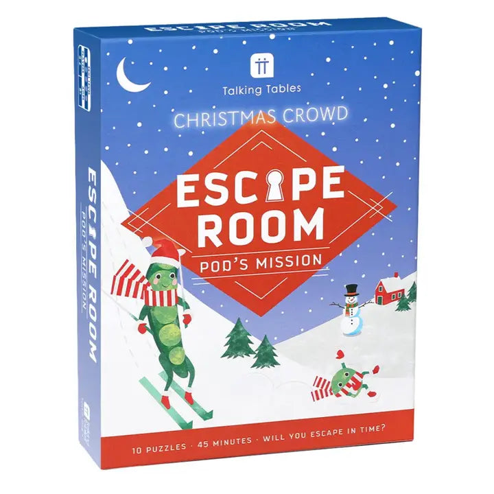 Christmas Escape Room game box with Christmas theme and pea pod characters on a blue background