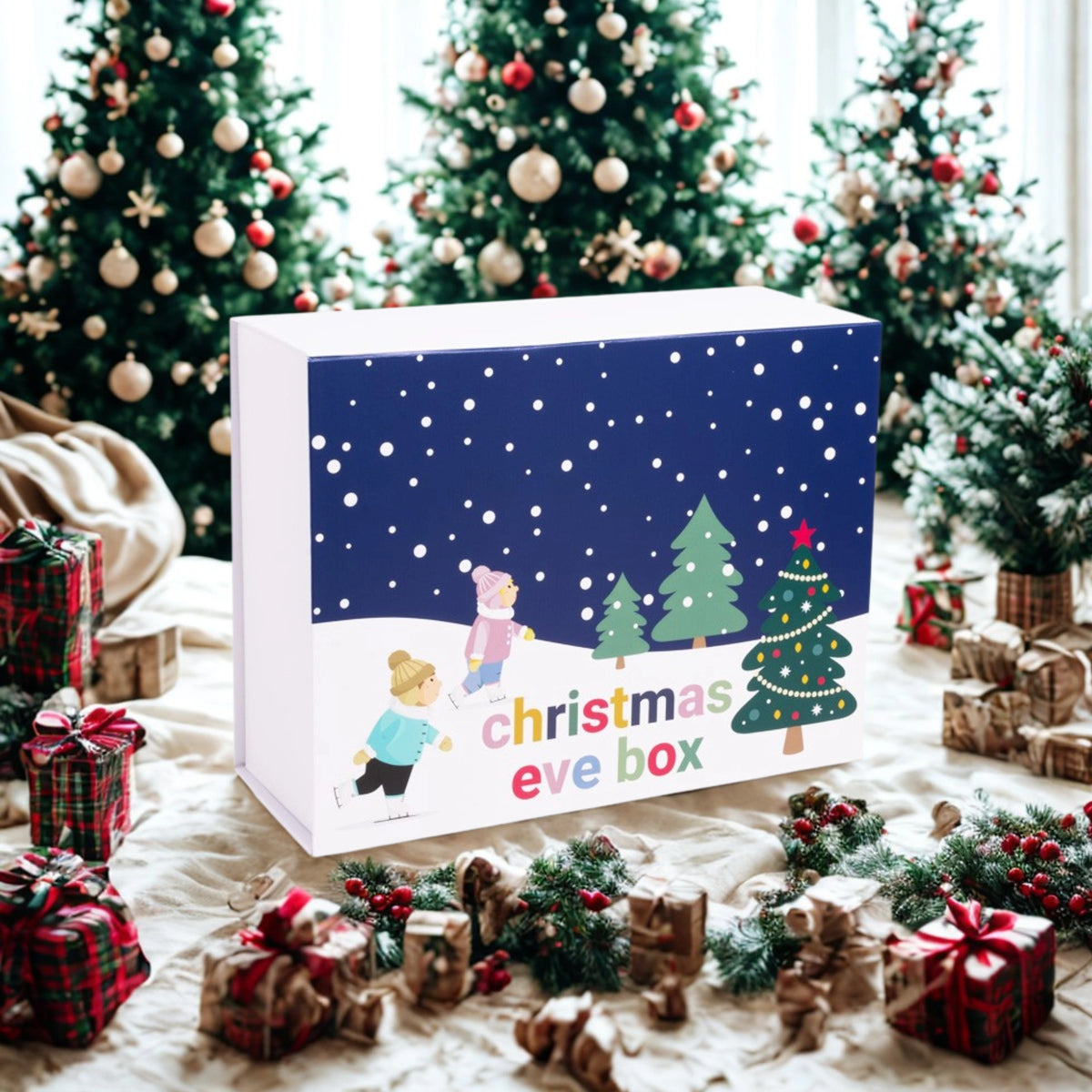 Christmas eve box with festive design in a decorated room with Christmas trees and presents.