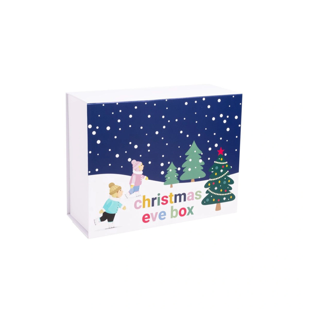 Christmas Eve box with winter scene and colourful text on a white background