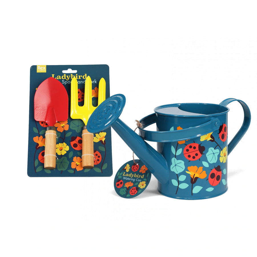 Children's garden tool set with a blue watering can and tools on a white background