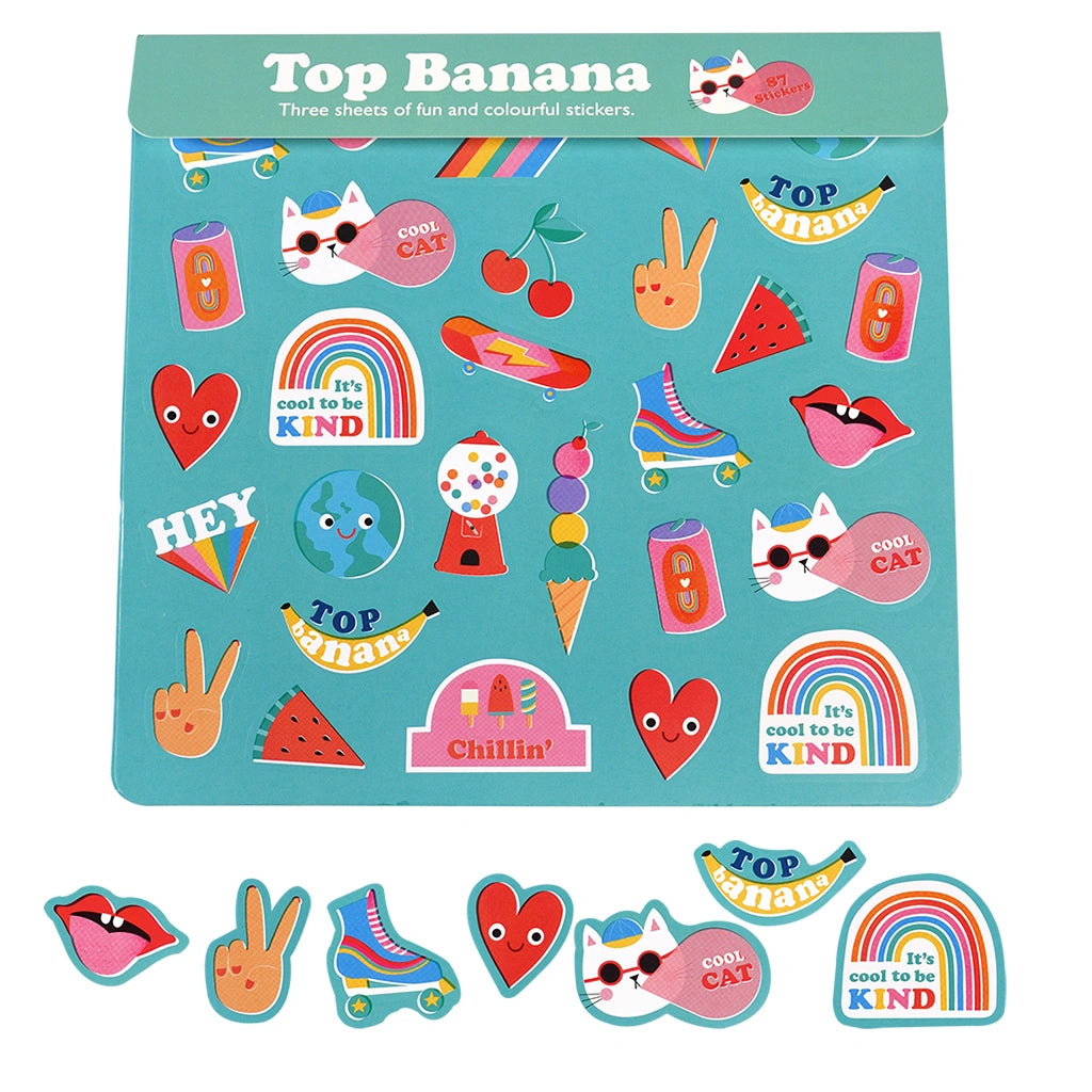 Top Banana sticker pack with colourful illustrated stickers - cats, rainbows, fruit -  on a blue background