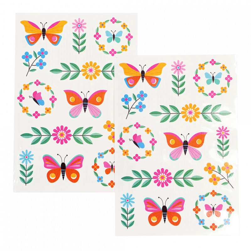 two sheets of children's temporary tattoos with flowers and butterflies 