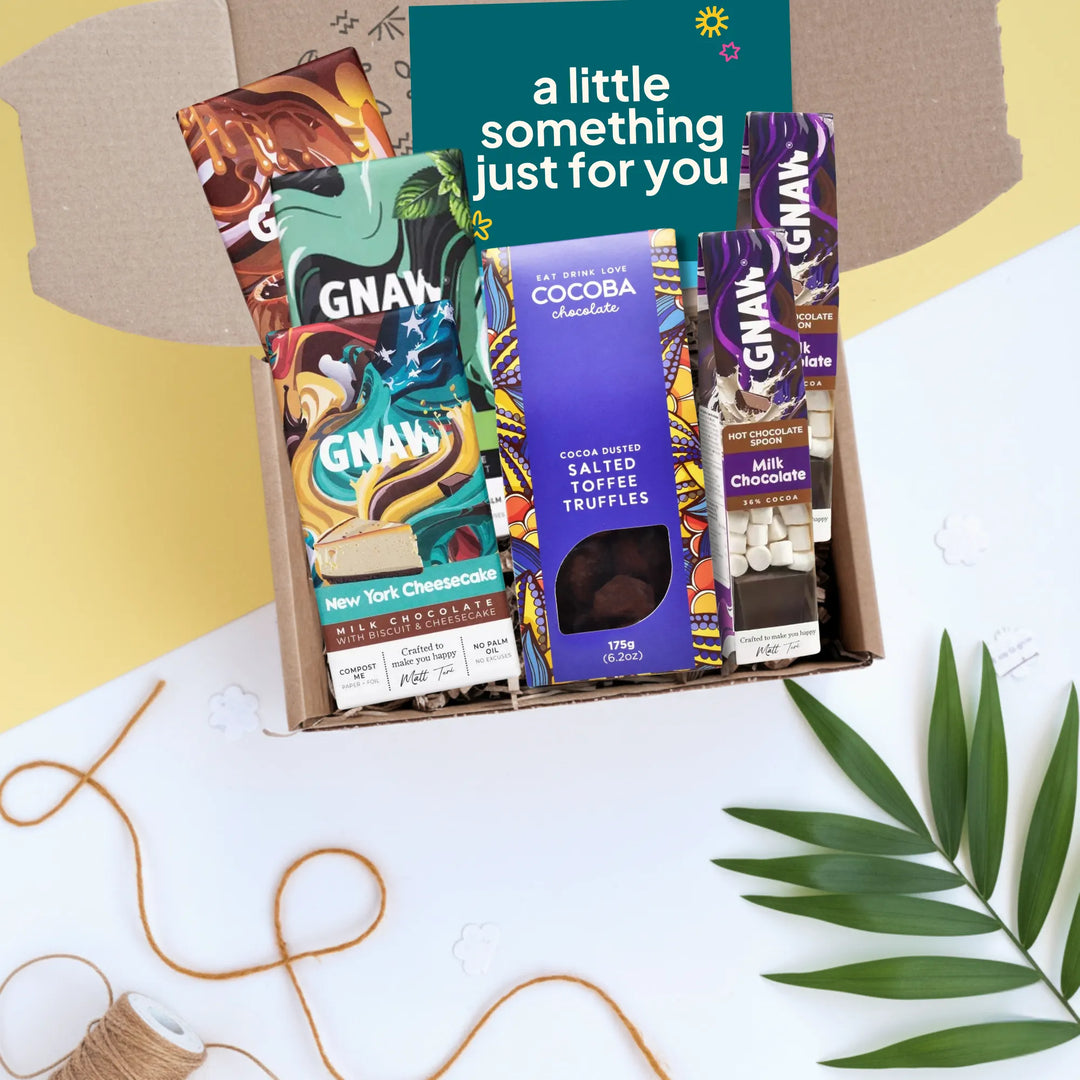 gift box filled with assorted ethical chocolates and hot chocolate