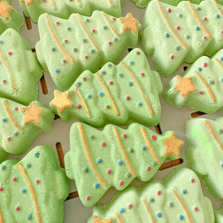 close up of christmas tree shaped bath bombs