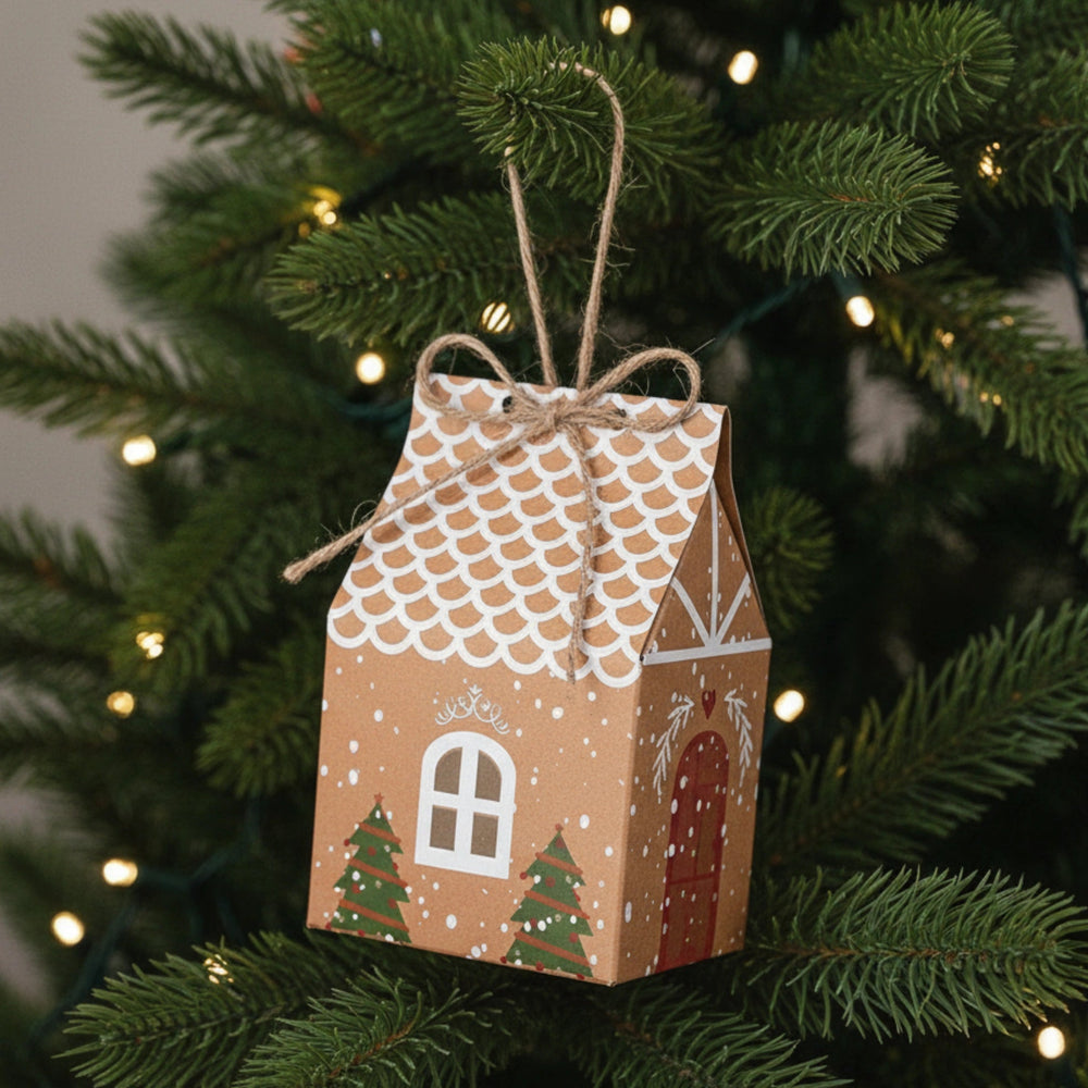 Decorative gingerbread house-shaped gift box for Christmas Bath Bomb gift on a Christmas tree