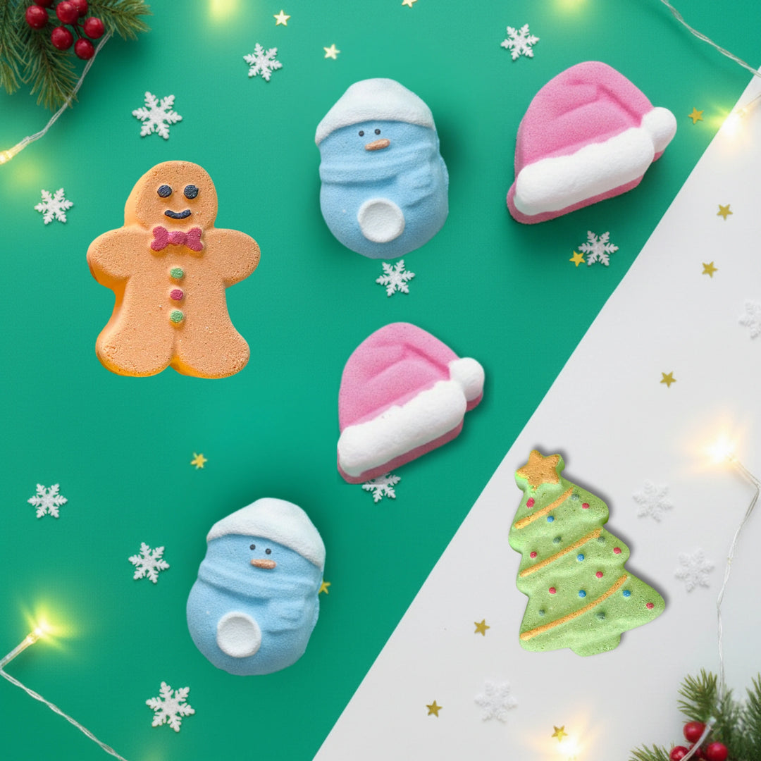 festive Christmas bath bombs on a green and white background with snowflakes and holly branches