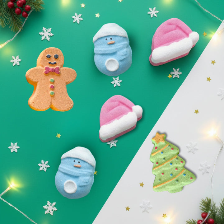 festive Christmas bath bombs on a green and white background with snowflakes and holly branches