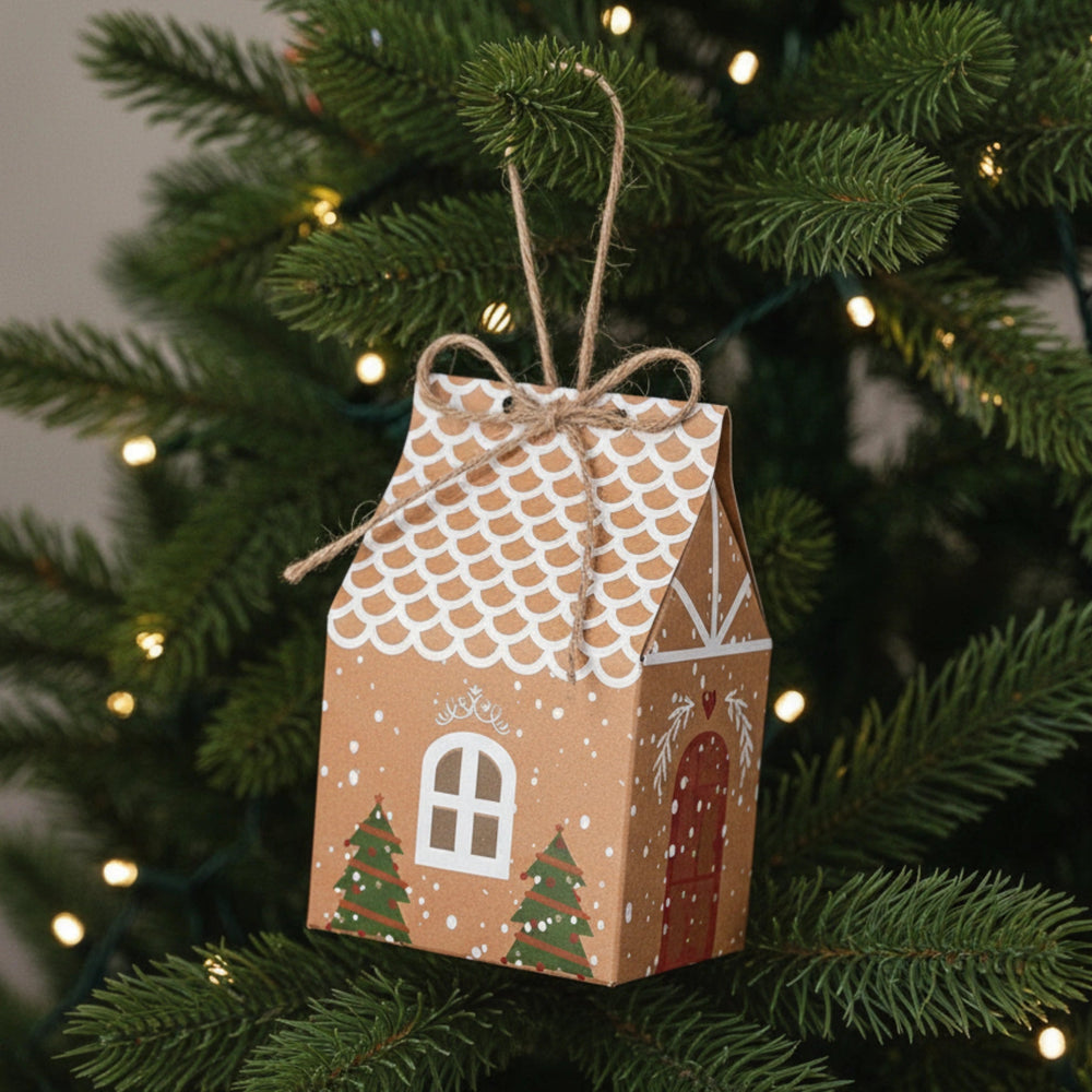 Decorative Christmas beauty bauble house-shaped gift box on a Christmas tree