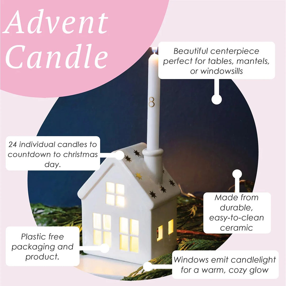 Decorative house-shaped candle with text highlighting features on a pink and white background
