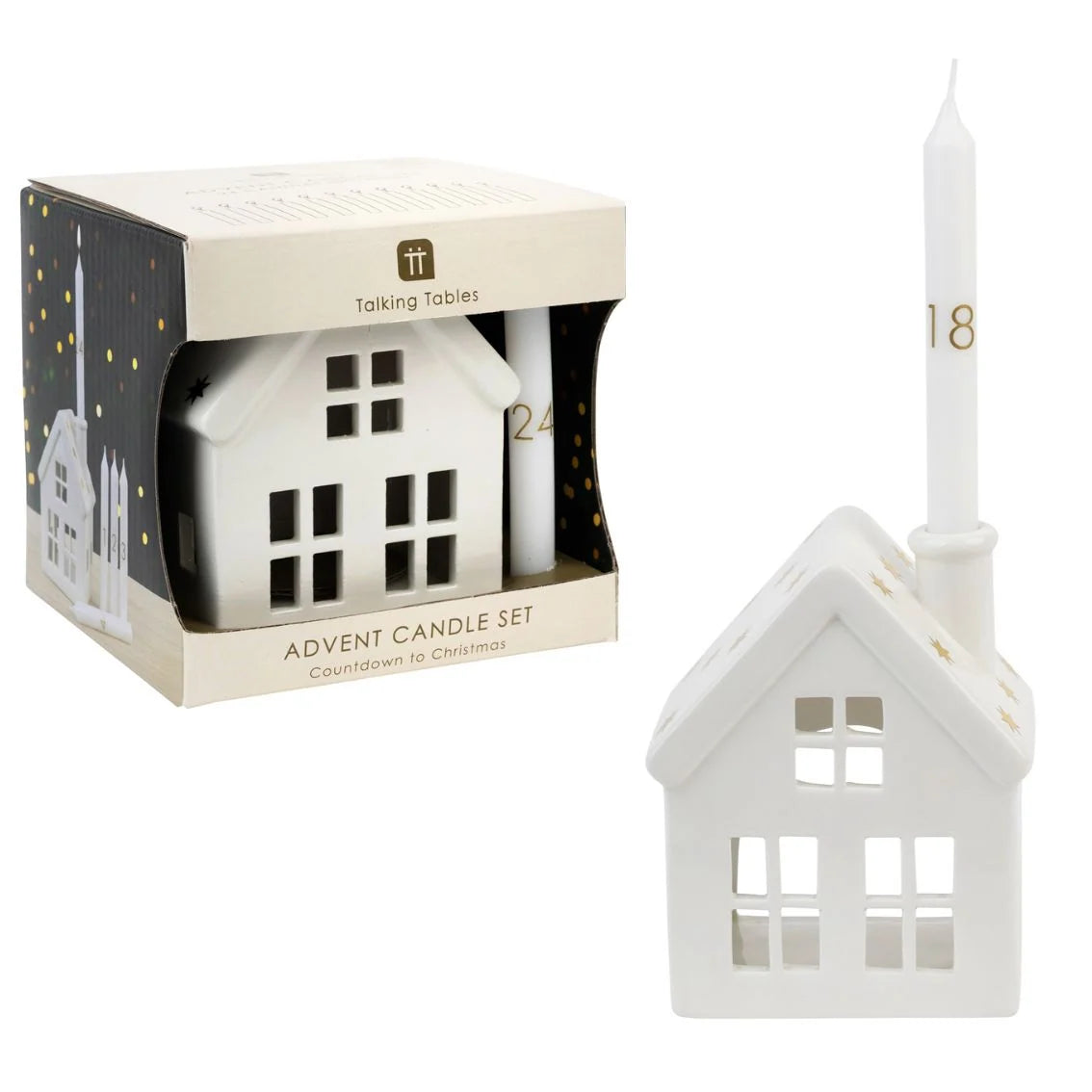 White house-shaped candle with a candle in a box labeled 'Advent Candle Set' on a white background.