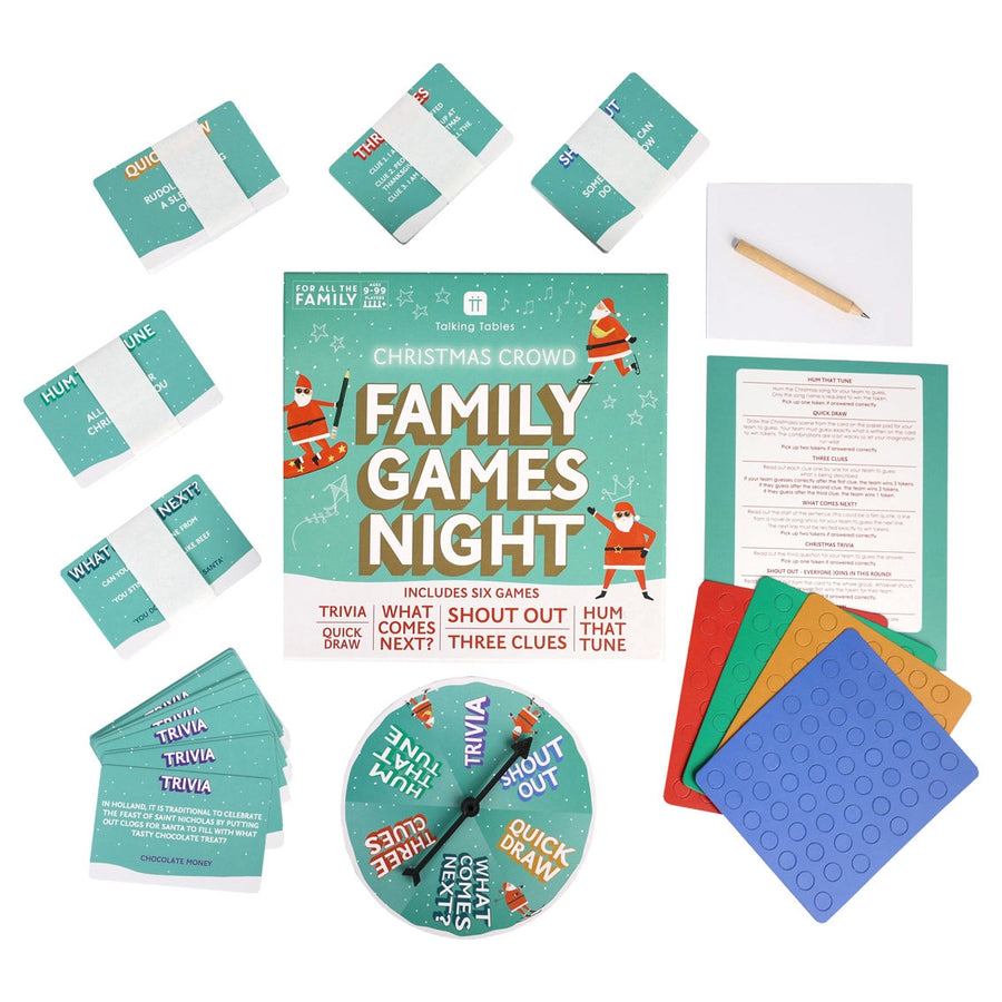 Family Games Night kit with cards, a spinner, and instructions on a white background