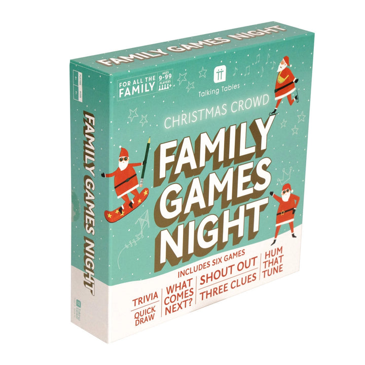 Box of 'Family Games Night' game with Christmas theme and Santa Claus illustrations.