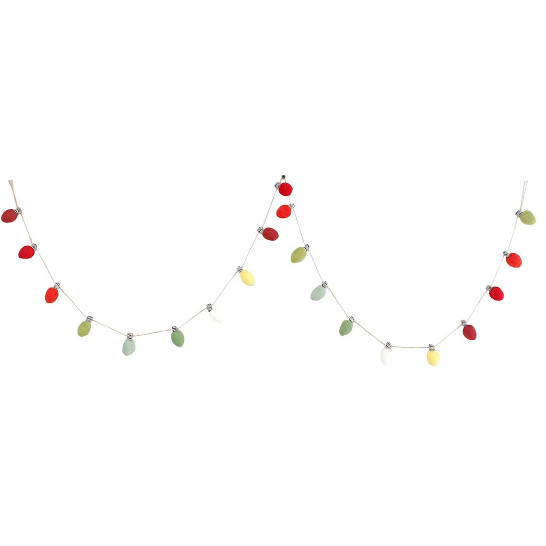 A festive Christmas garland featuring multi-colored teardrop-shaped lights in red, green, yellow, and white, strung along a thin silver wire against a plain white background.
