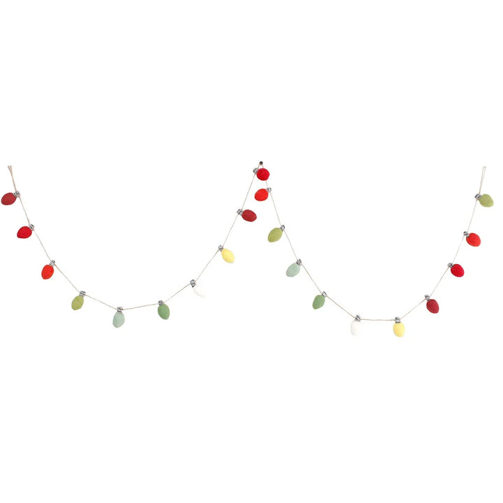 A festive Christmas garland featuring multi-colored teardrop-shaped lights in red, green, yellow, and white, strung along a thin silver wire against a plain white background.