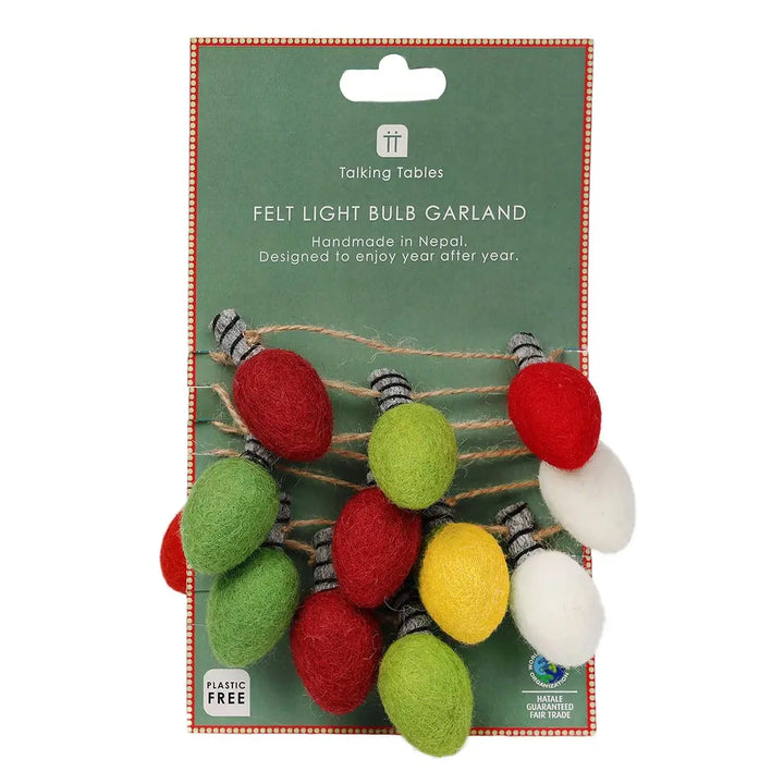 Talking Tables felt light bulb garland with red, green, yellow, and white wool felt bulbs on a green retail card.