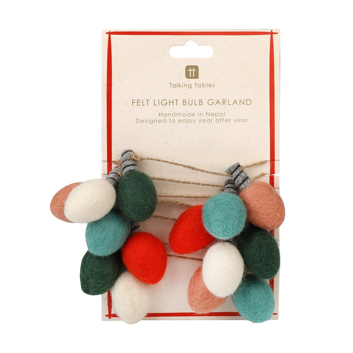 Christmas Felt light bulb garland with colourful bulbs on a white background
