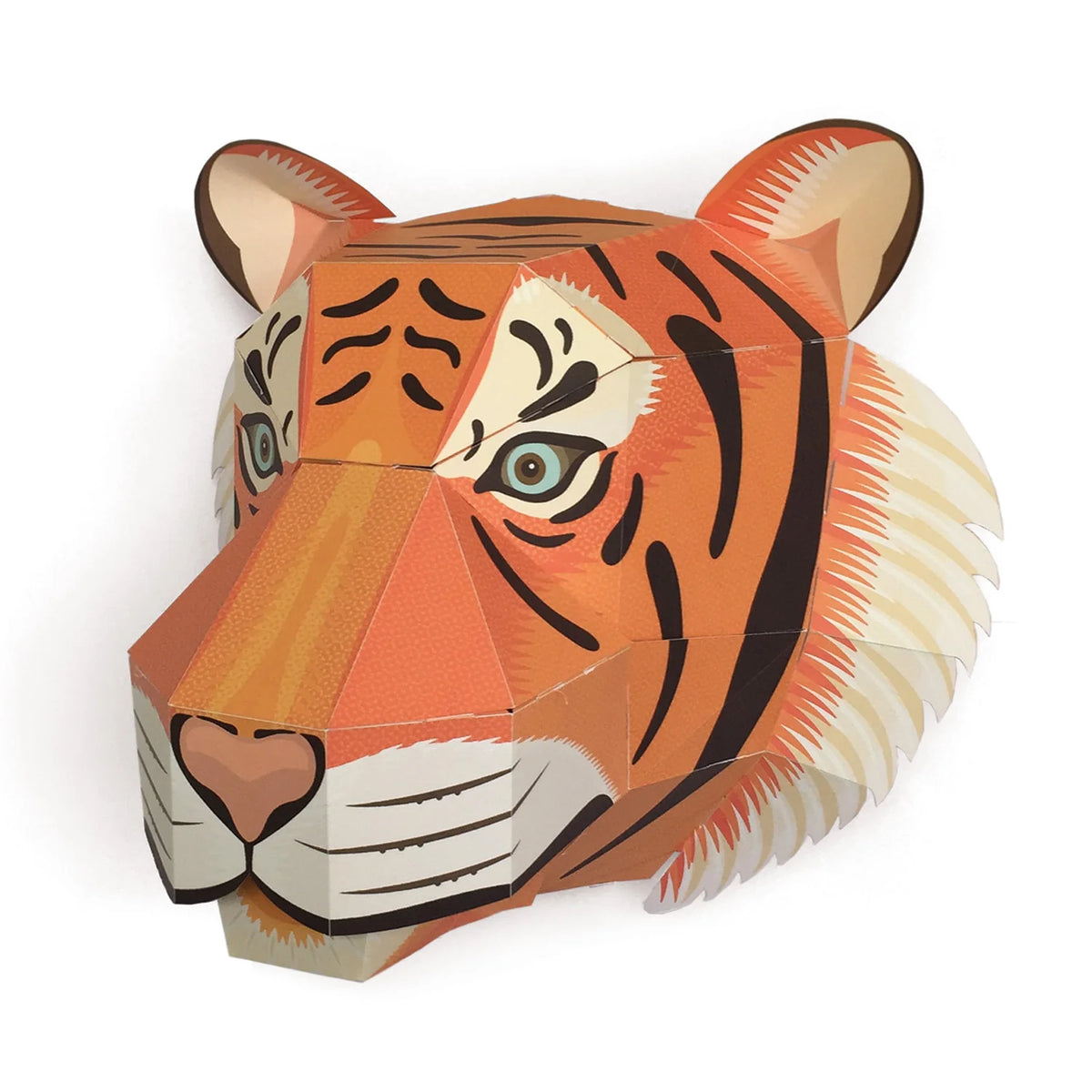 side view of Clockwork Soldier create your own tiger head craft kit on a white wall 