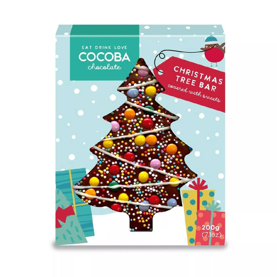 christmas tree loaded chocolate bar by cocoba in a green gift box
