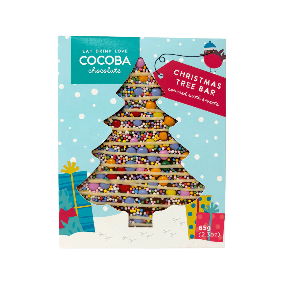 Cocoba Christmas tree-shaped chocolate bar packaging on a white background