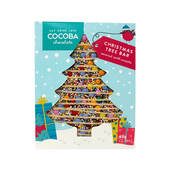 Cocoba Christmas tree-shaped chocolate bar packaging on a white background