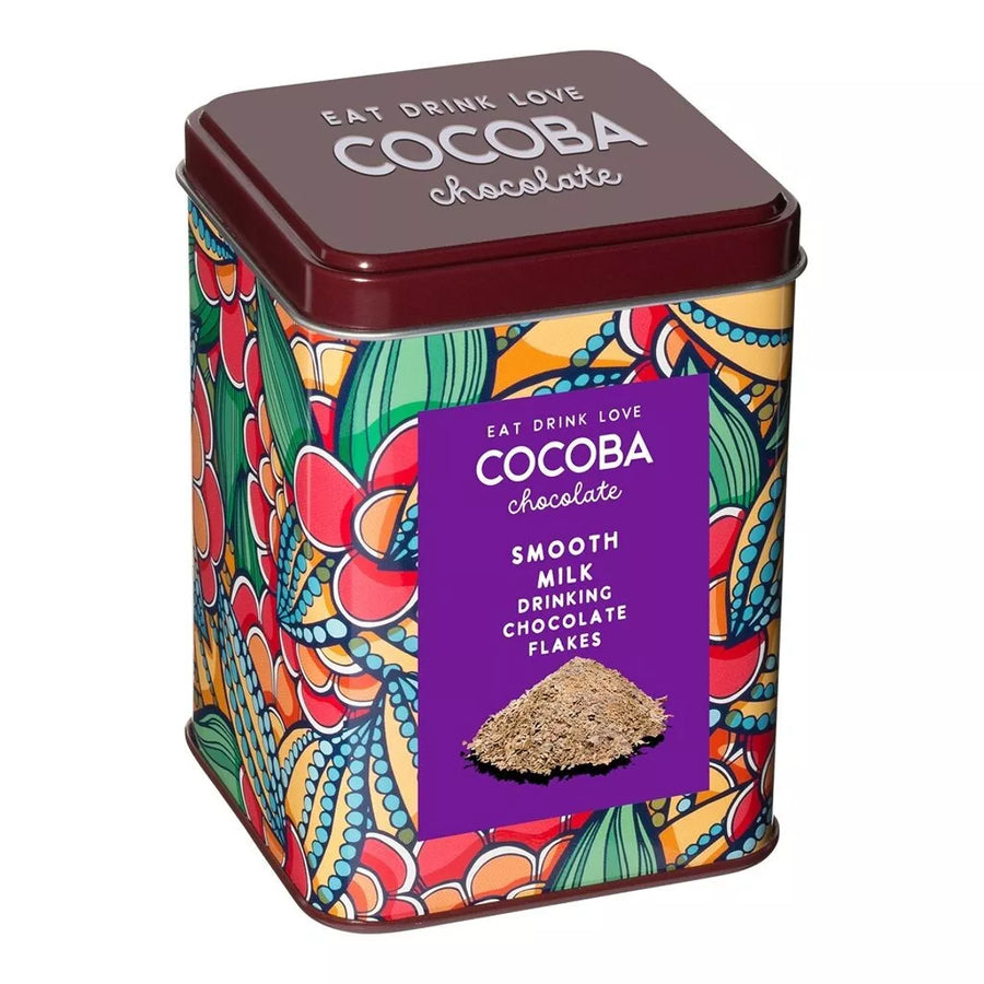 cocoba smooth drinking chocolate flakes in hot chocolate gift tin 