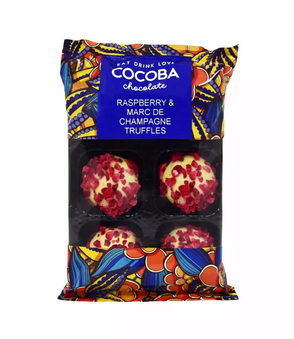 Pack of Cocoba chocolate raspberry and marc de champagne truffles with colourful gift packaging.