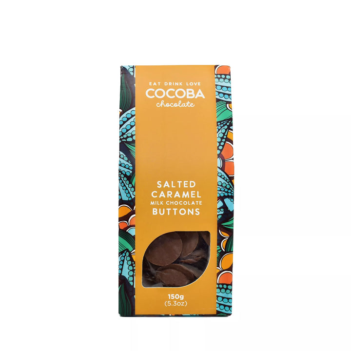 salted caramel milk chocolate buttons made by Cocoba in a yellow gift box on a white background