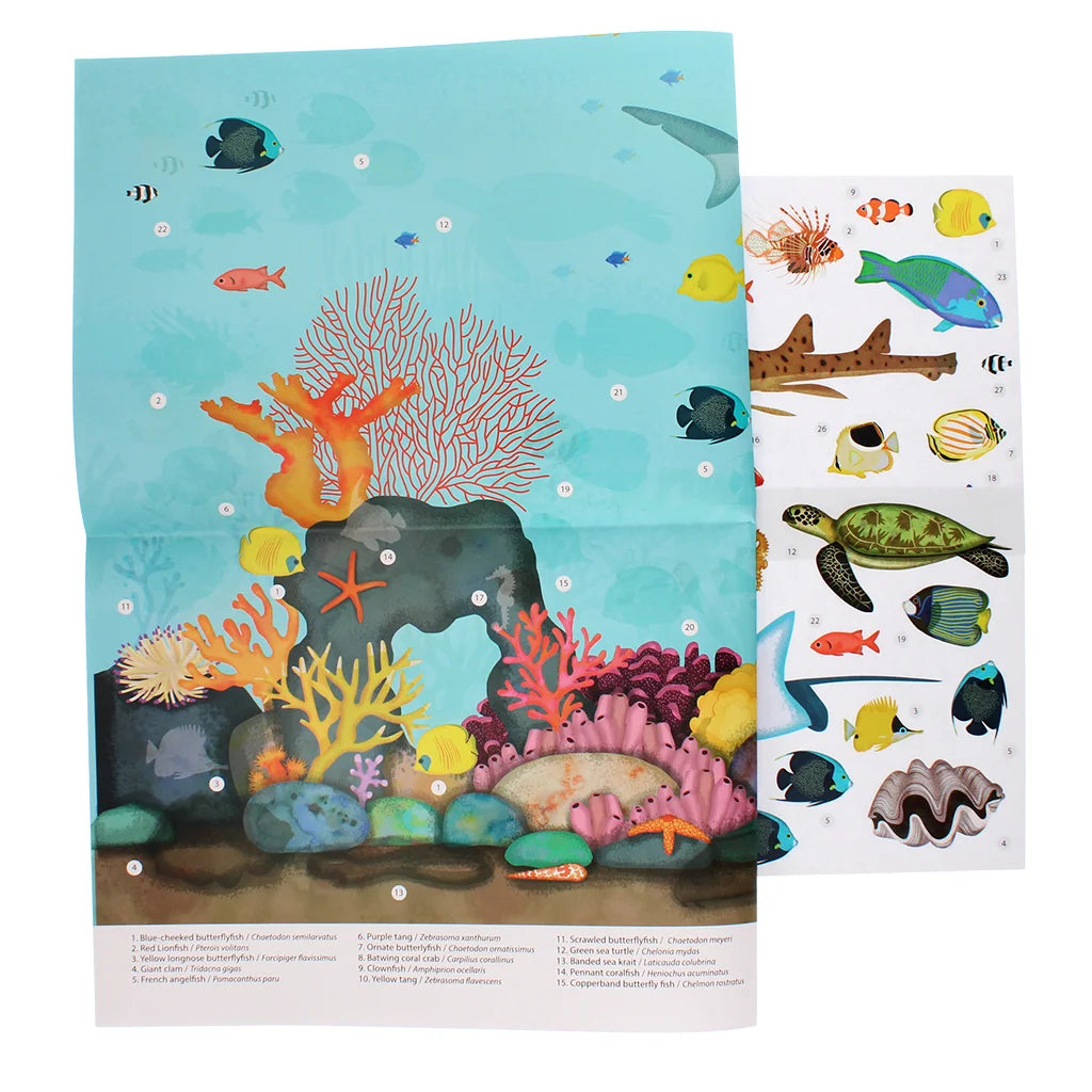 Two sheets of ocean-themed stickers with colorful sea creatures and coral on a white background.