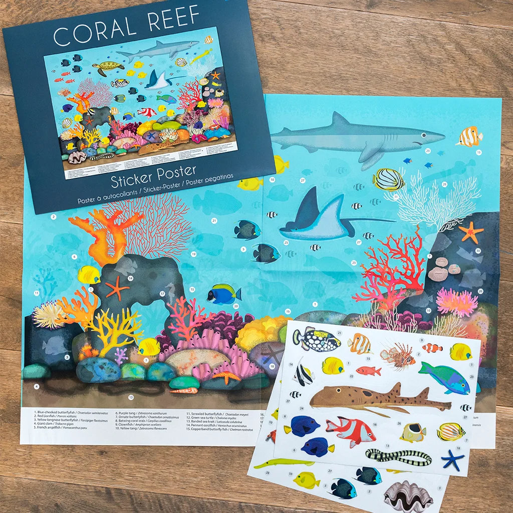 Coral reef-themed sticker poster with additional stickers on a wooden surface