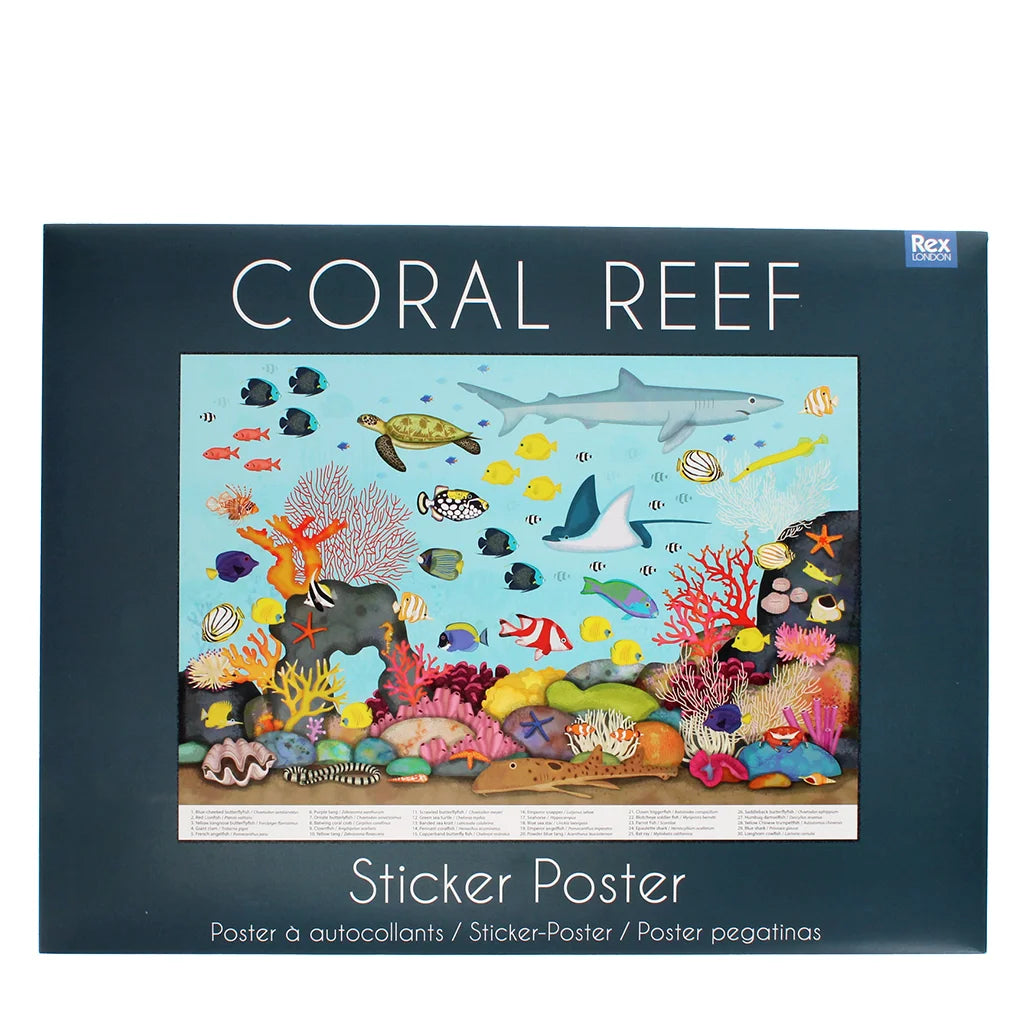 Coral Reef sticker poster packaging with colorful underwater scene and text.