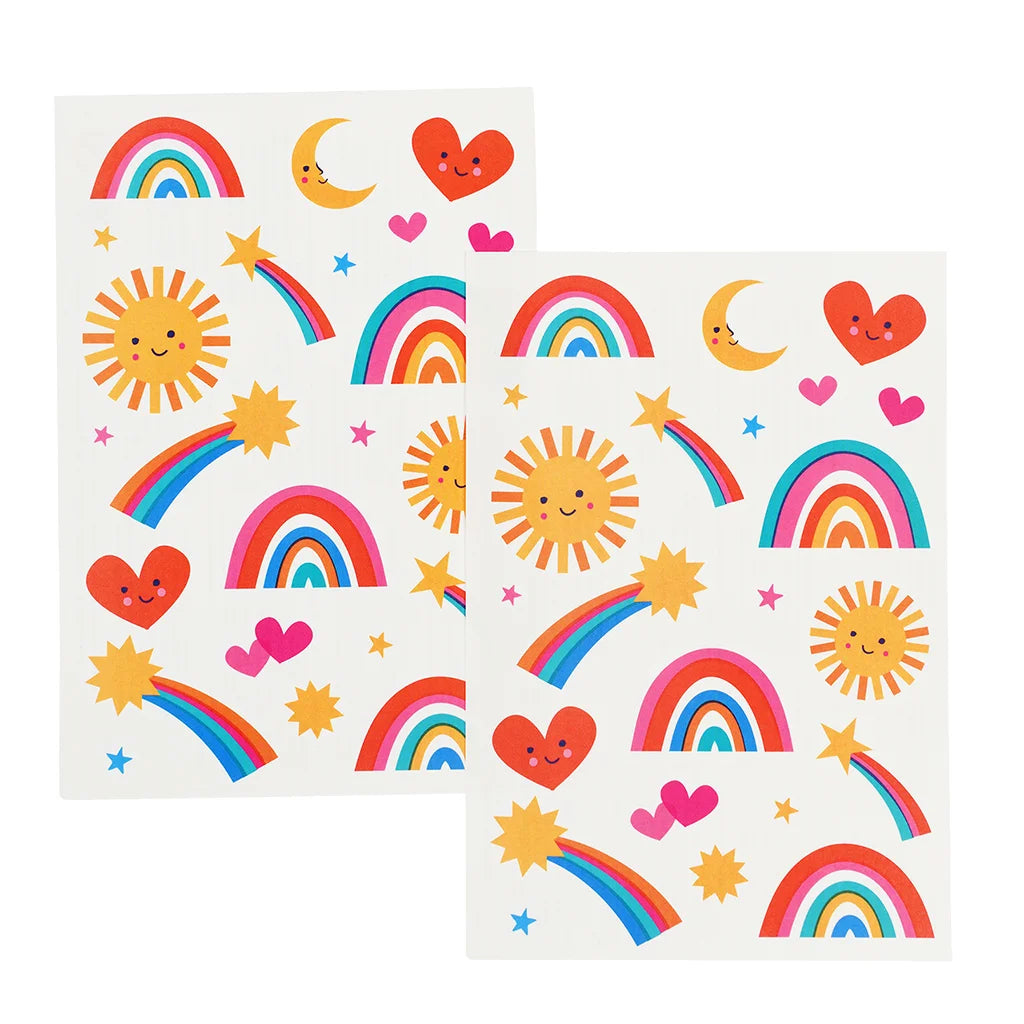 Two sheets of colourful cartoon sun, moon, rainbow, star, and heart stickers on a plain white background.