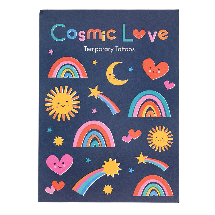 Cosmic Love temporary tattoos packaging with colourful designs on a dark blue background