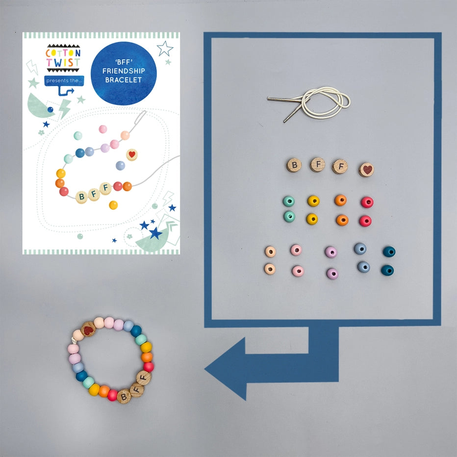 Colorful 'BFF' friendship bracelet kit with packaging, beads, and a needle on a gray background.