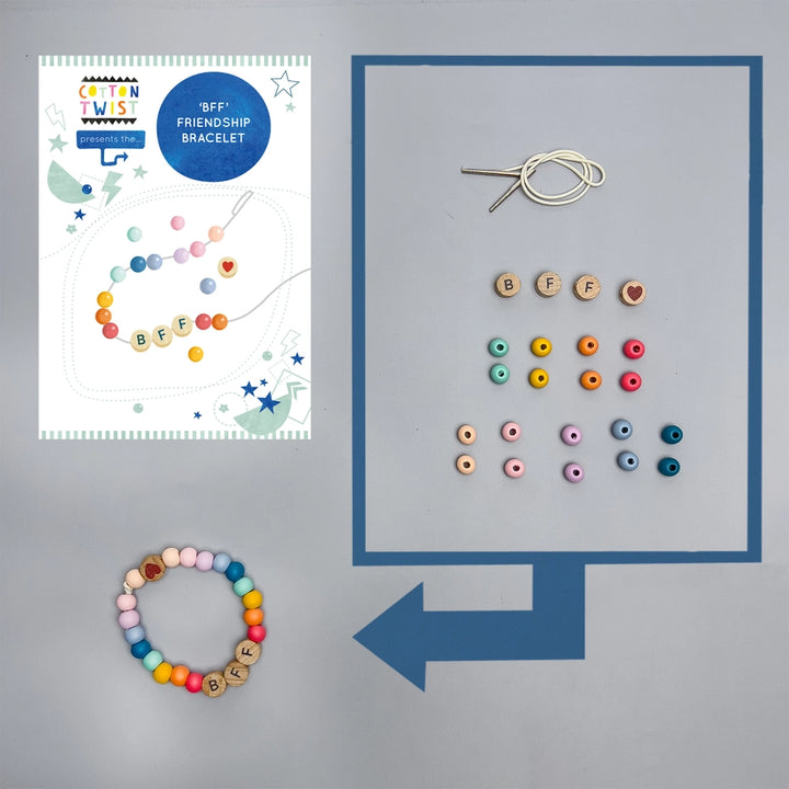 Colorful 'BFF' friendship bracelet kit with packaging, beads, and a needle on a gray background.