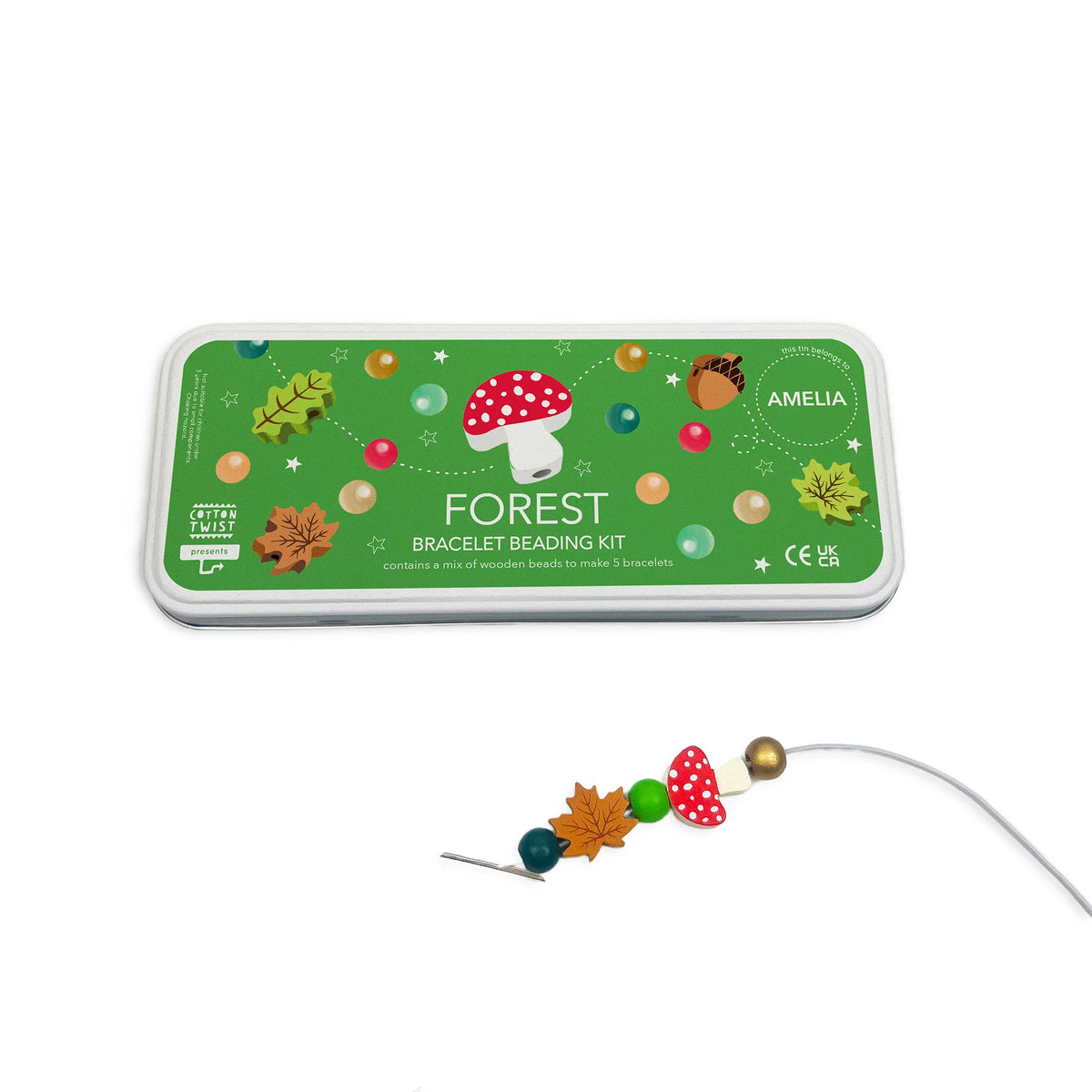 Cotton Twist Forest Bracelet Beading Kit: Tin, finished bracelet with mushroom, leaf, and acorn beads.