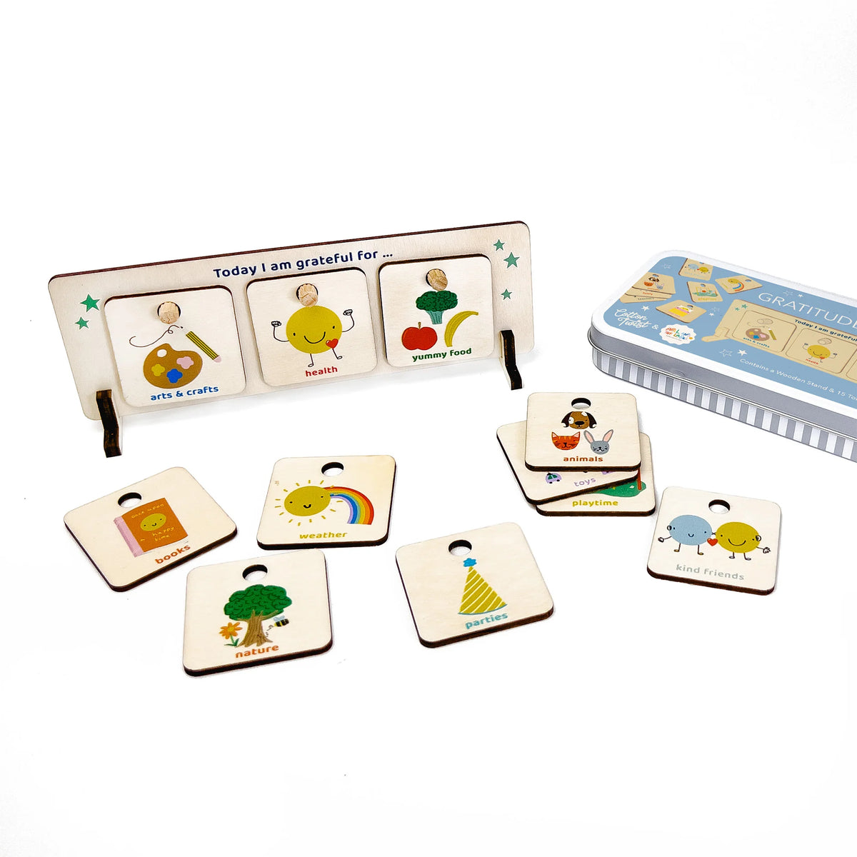 Cotton Twist Wooden Gratitude Chart for Children with colourful wooden tokens and a blue gift tin