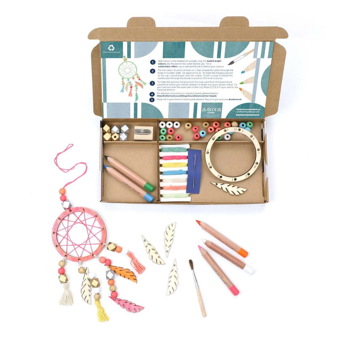 Cotton Twist Make Your Own Dreamcatcher Craft Kit in gift box with a finished dreamcatcher