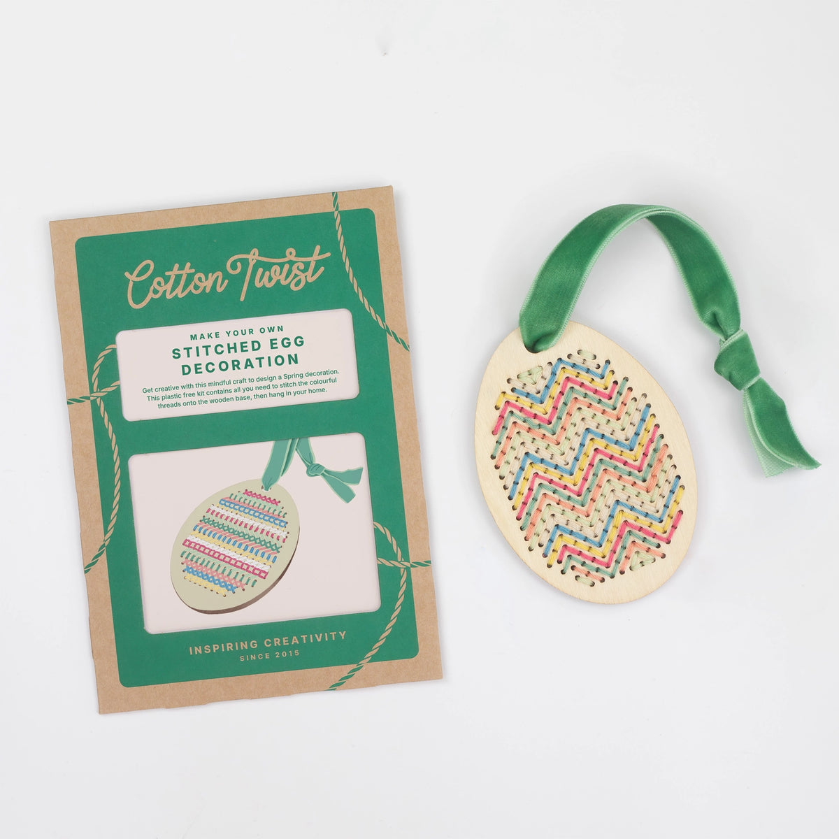 make your own stitched egg decoration with green card packaging 