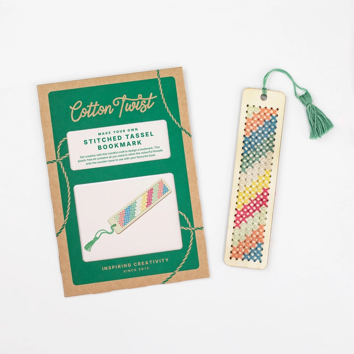 Cotton Twist stitched tassel bookmark kit with a completed bookmark on a white background