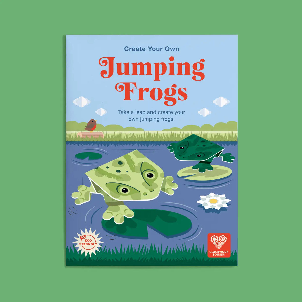 Packaging for 'Create Your Own Jumping Frogs' with illustrations of frogs on lily pads.
