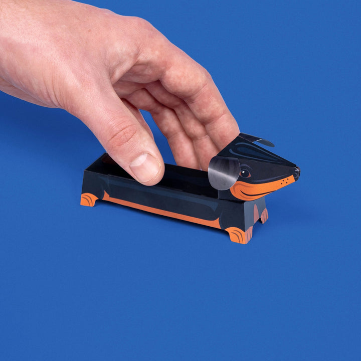 Hand interacting with a small black and orange sausage dog model  on a blue background