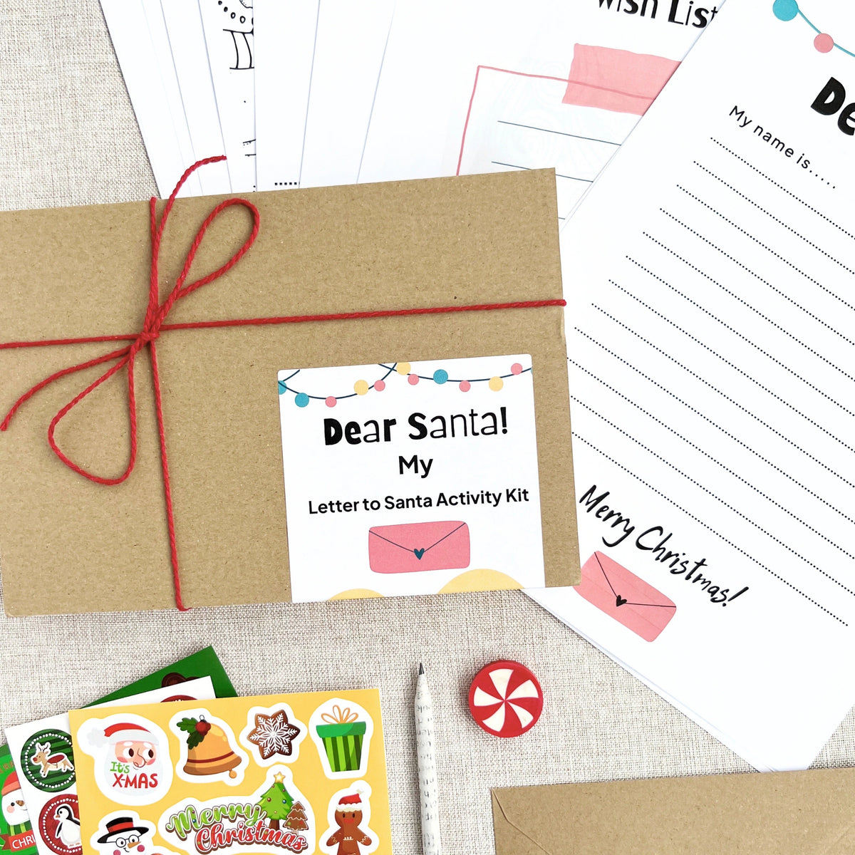 Dear Santa letter to santa Christmas activity kit including colourful Christmas stickers, activity sheets, a festive eraser and a recycled pencil