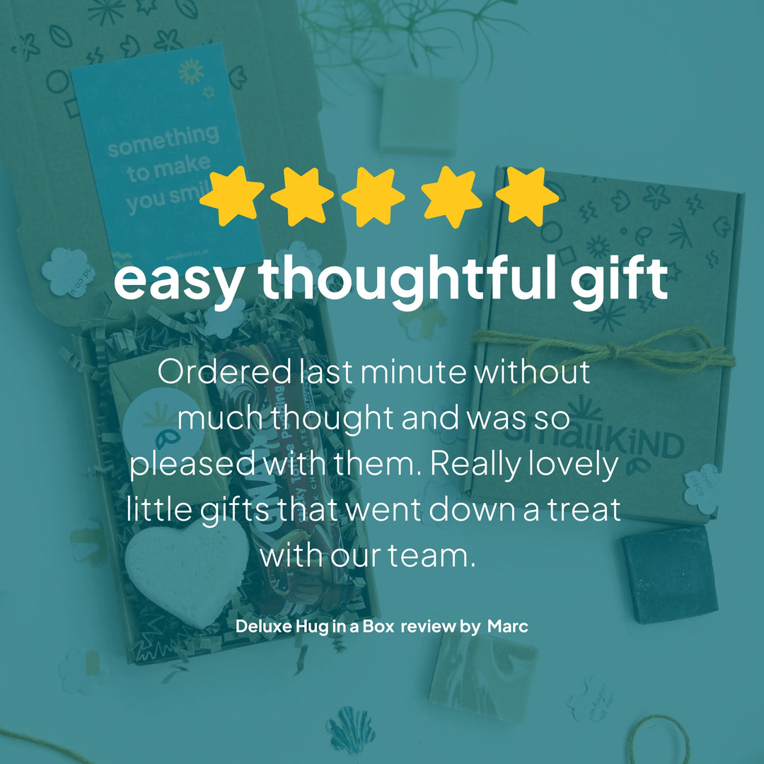 Gift packaging for Bespoke Corporate Gift with five star rating and a customer review which reads 'easy thoughtful gift. ordered last minutes without much thought and was so pleased with them. really lovely little gifts that wen't down a treat with our team. 