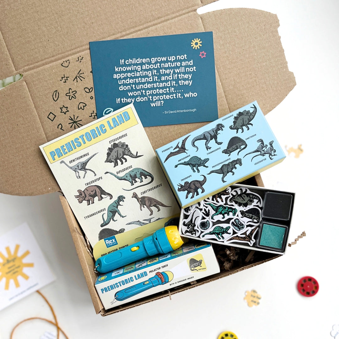 Dinosaur themed kids gift box with dinosaur-themed craft kit, temporary tattoos and a projector torch. Come with a nature themed gift card on a white background
