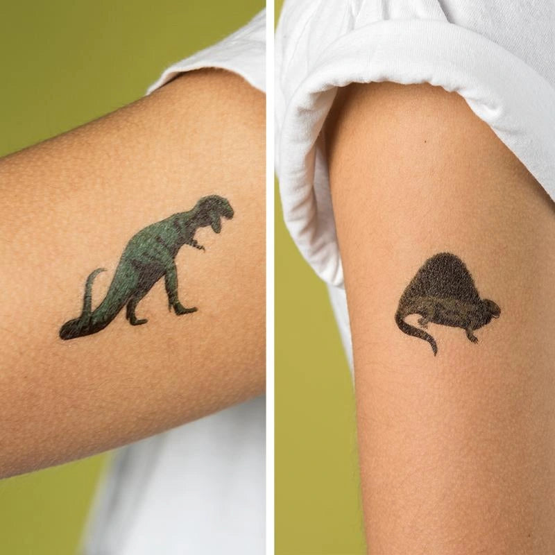 Childs arm with two dinosaur temporary tattoos