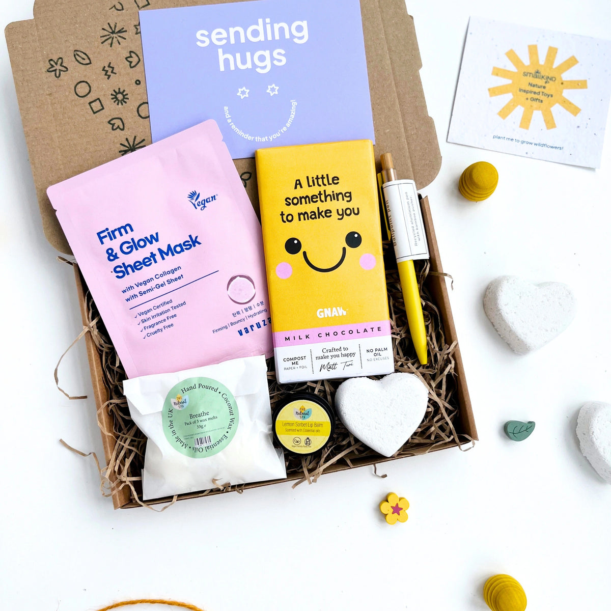 don't stress exam gift box with a natural face mask, bath bomb heart, lemon lip balm, breathe wax melts. yellow pen and a chocolate bar in 'something to make you smile' packaging. Comes with a 'sending hugs card and is letterbox friendly.