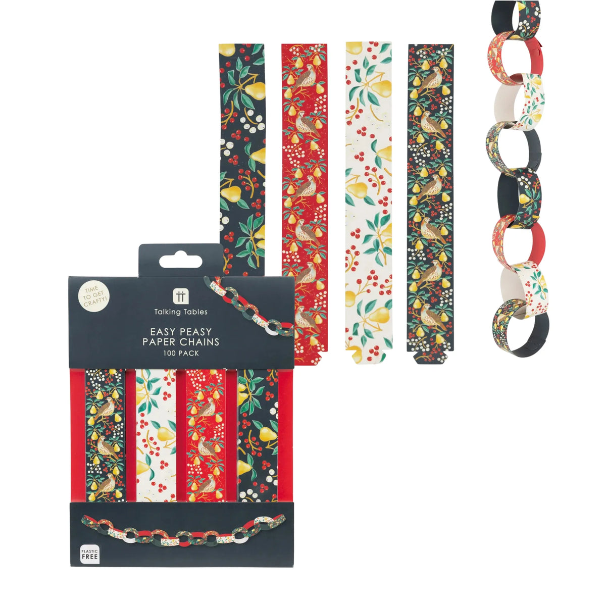 A 100-pack of Talking Tables paper chains with nostalgic partridge and pear design in a black package, with four sample chains displayed vertically behind it on a white background.