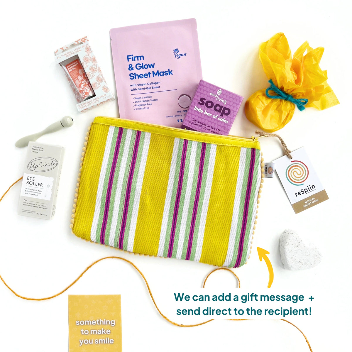 Yellow upcycled cement sack pouch filled with eco-friendly pampering products"