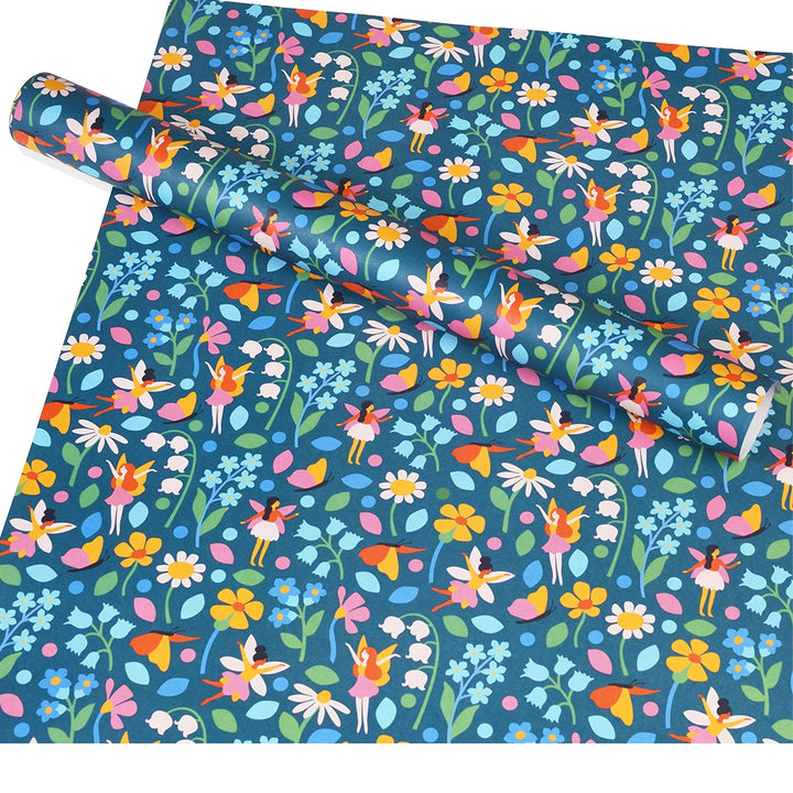 Colourful roll of wrapping paper with fairies and floral pattern on a blue background