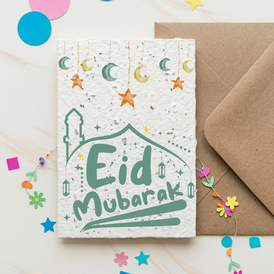 Eid Mubarak card with decorative elements on a white background